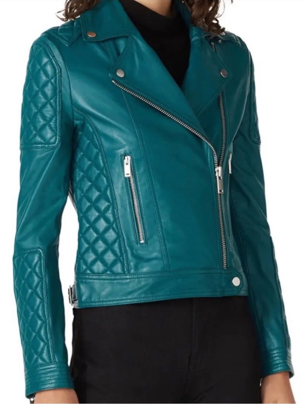 Sipos New York Teal Quilted Lamb Leather Moto Biker Jacket - Women's